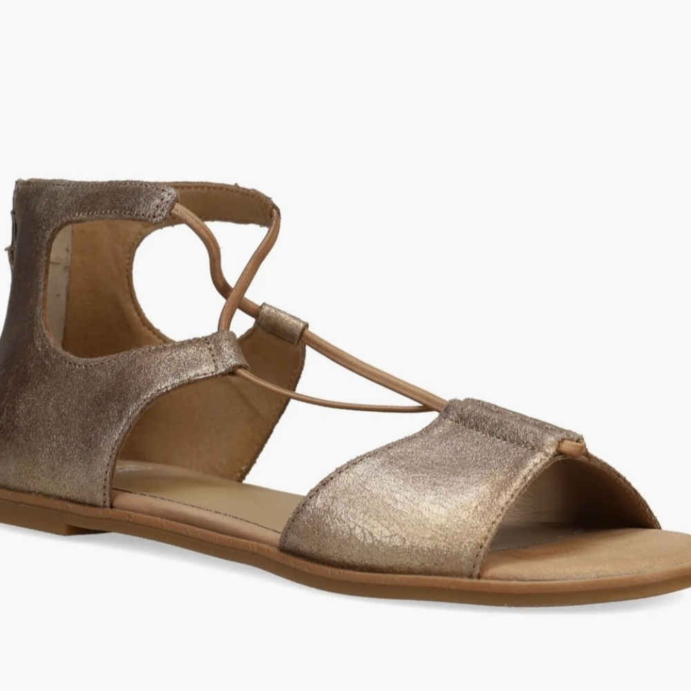 Eileen Fisher Rose Light Gold Leather Flat Sandal Strappy Zip Heel Shoes New 6 M
